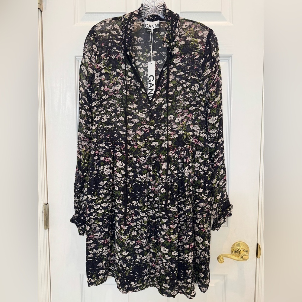 GANNI Georgette Floral Mini Dress Size XXS NWT - Picture 2 of 13